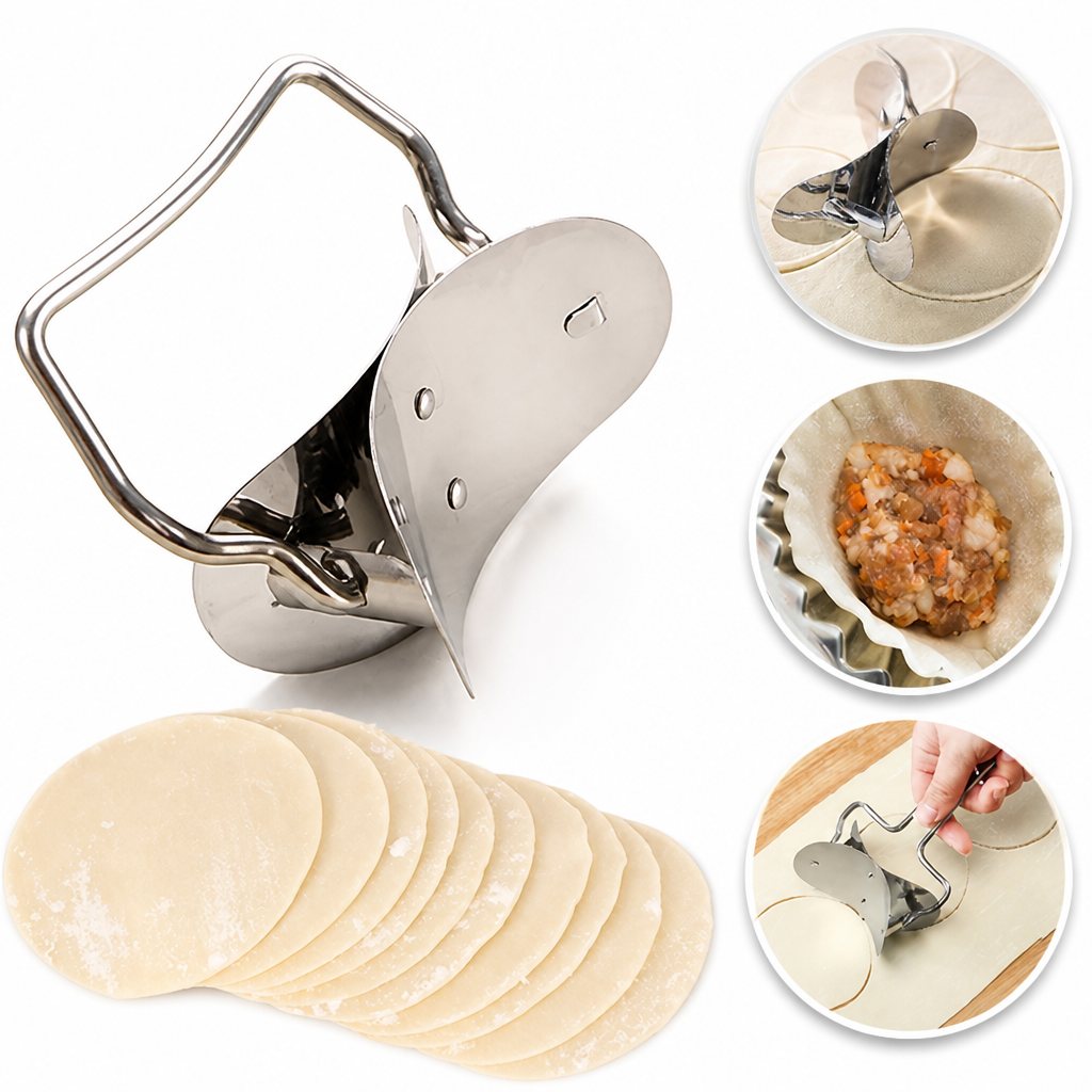 Steel dough cutter with wire handle beside a stack of dough rounds, with three small inset views of use 6