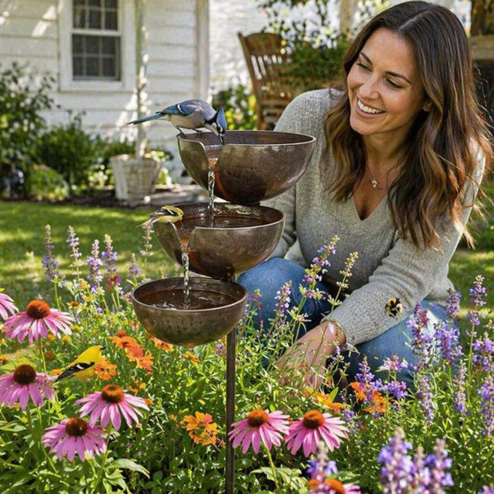 Brown stainless-steel bird bath in a flower bed with birds visiting it.