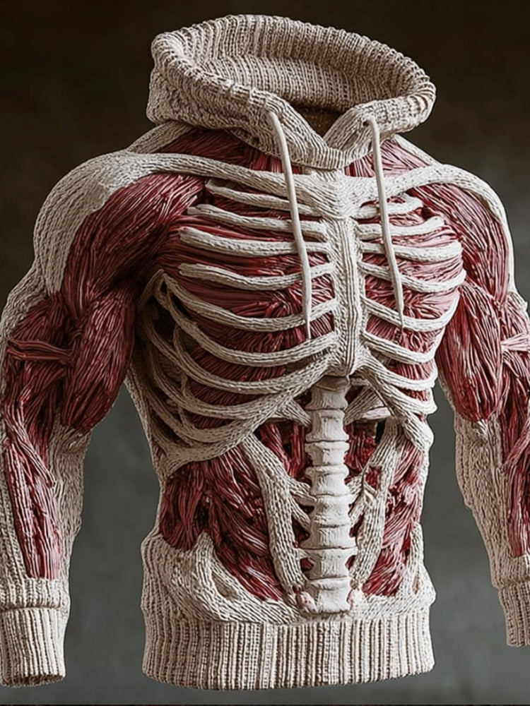 Cream-colored version of the knit hoodie, closer crop showing white ribs and spine over deep red muscle texture.