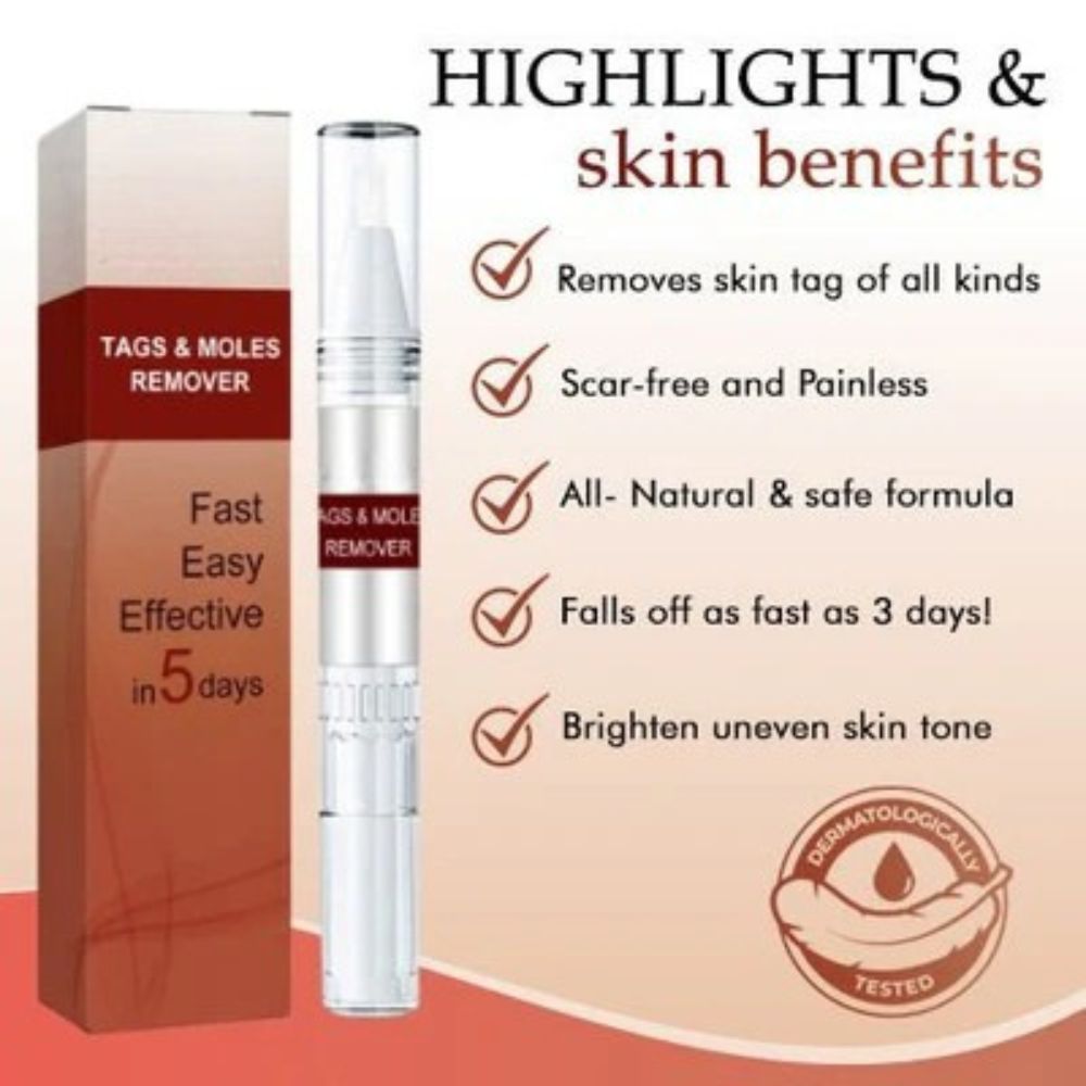 Detail showing the pen and red box beside a product benefits checklist and a dermatologically tested badge.