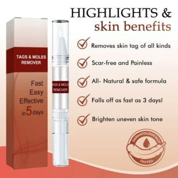 Detail showing the pen and red box beside a product benefits checklist and a dermatologically tested badge.
