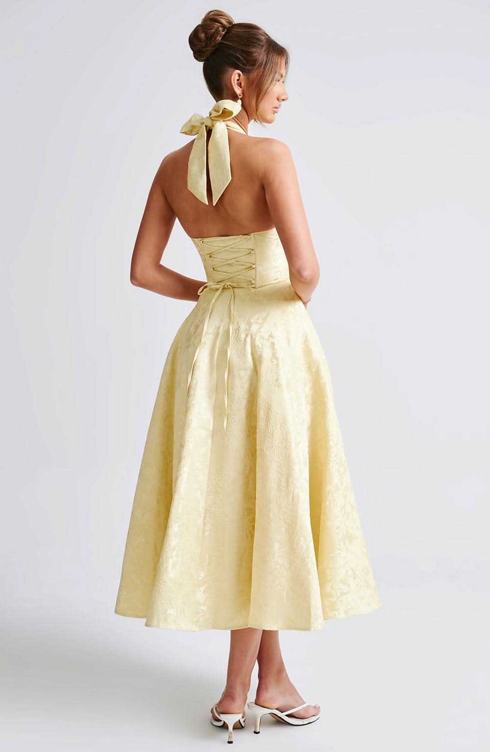 Red floral halter midi dress, back detail with open back and criss-cross lacing.