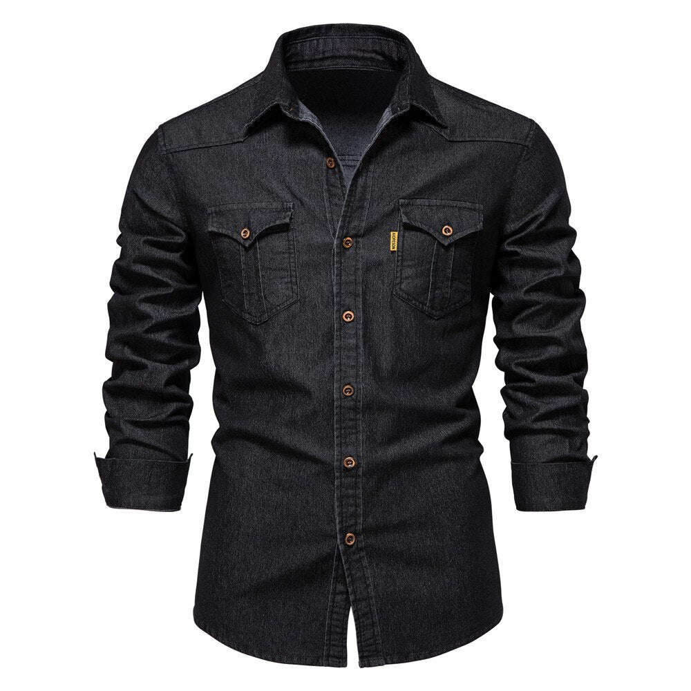 Elastic Cotton Denim Shirt - Logan-Black-S-Nora Luxe