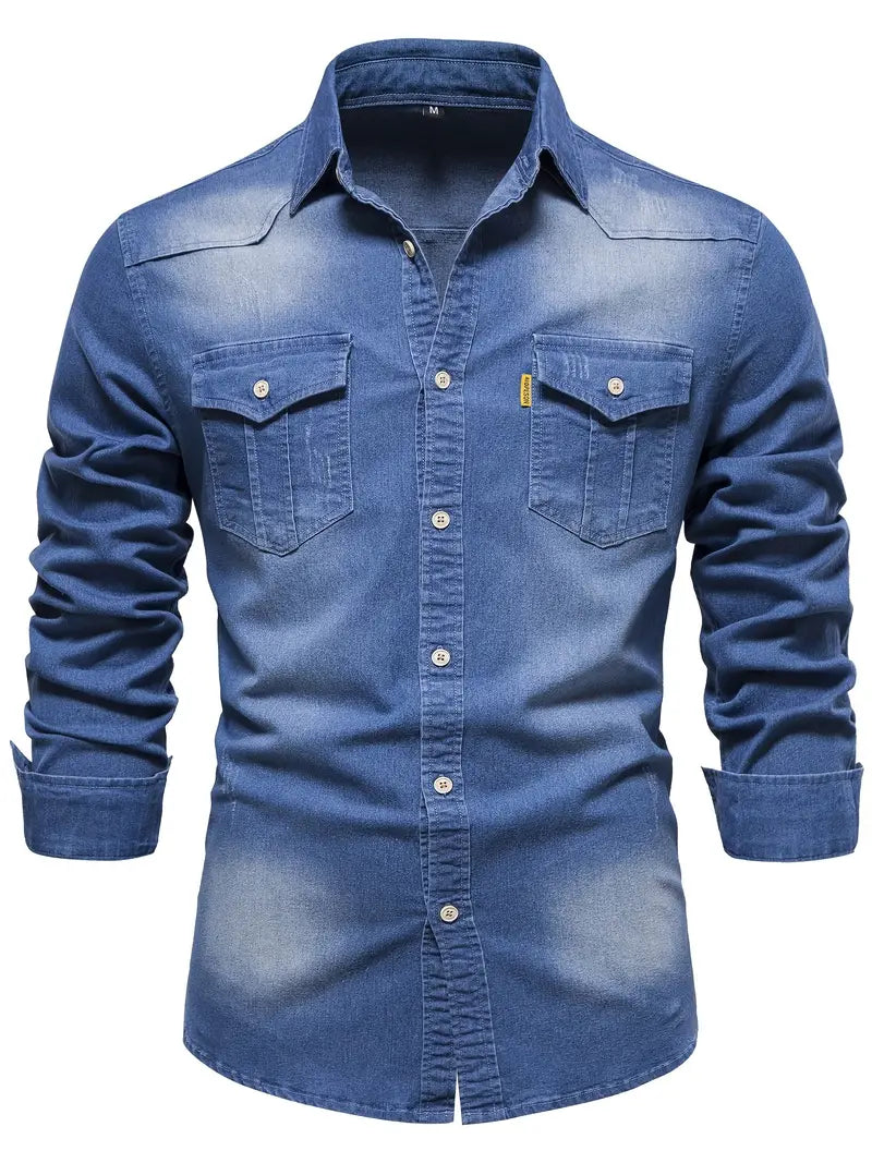 Elastic Cotton Denim Shirt - Logan-Blue-S-Nora Luxe