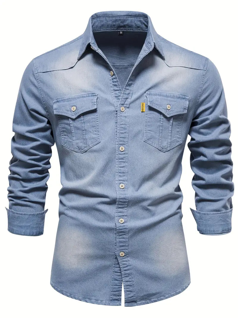 Elastic Cotton Denim Shirt - Logan-Light Blue-S-Nora Luxe