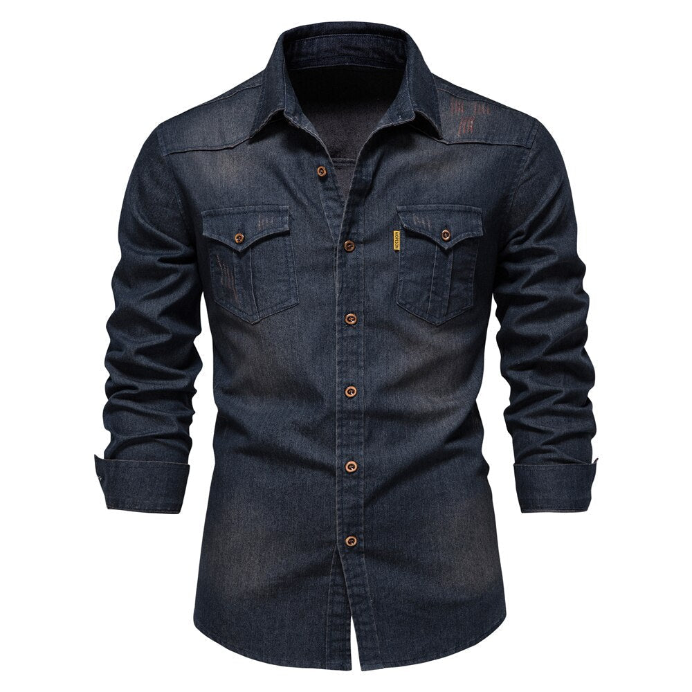 Elastic Cotton Denim Shirt - Logan-Marine Blue-S-Nora Luxe