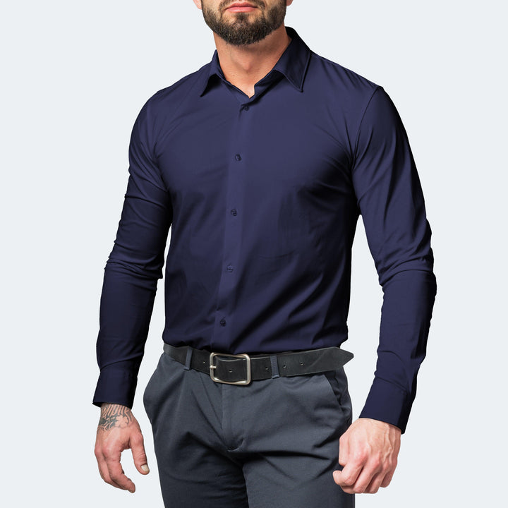 Men's navy blue button-up shirt with gray trousers, front view.