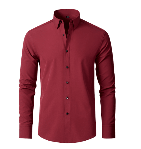 Men's burgundy red long-sleeve button-up shirt with black buttons, flat lay.