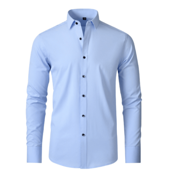 Men's light blue long-sleeve button-up shirt with dark buttons, flat lay.