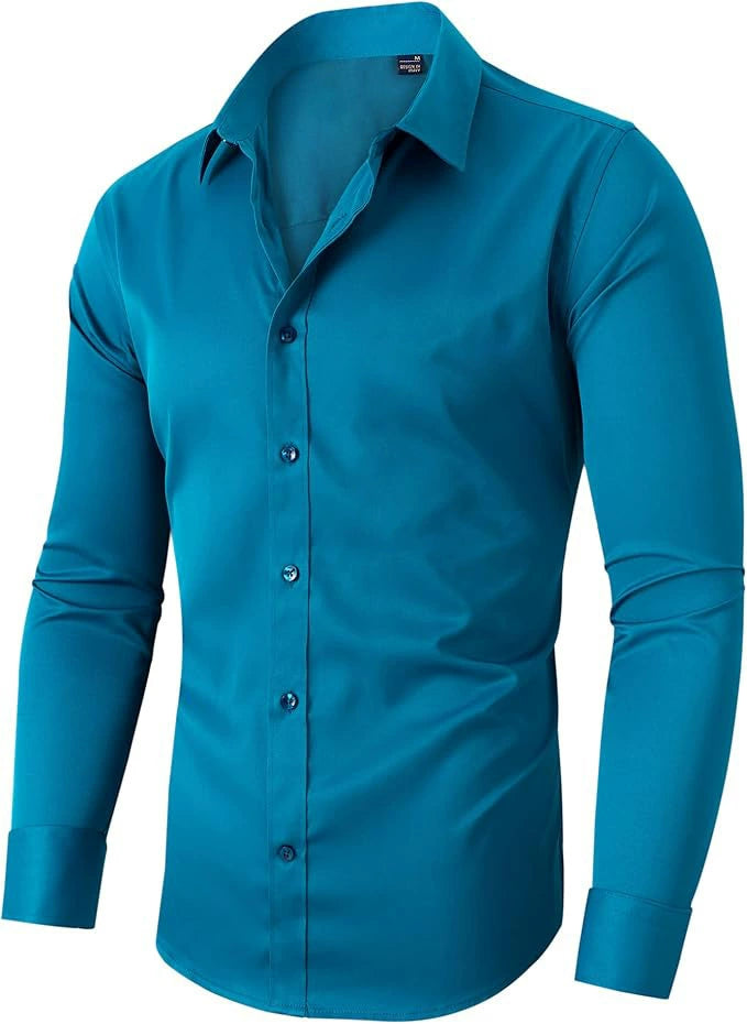 Men's teal blue long-sleeve button-up shirt, angled front view.