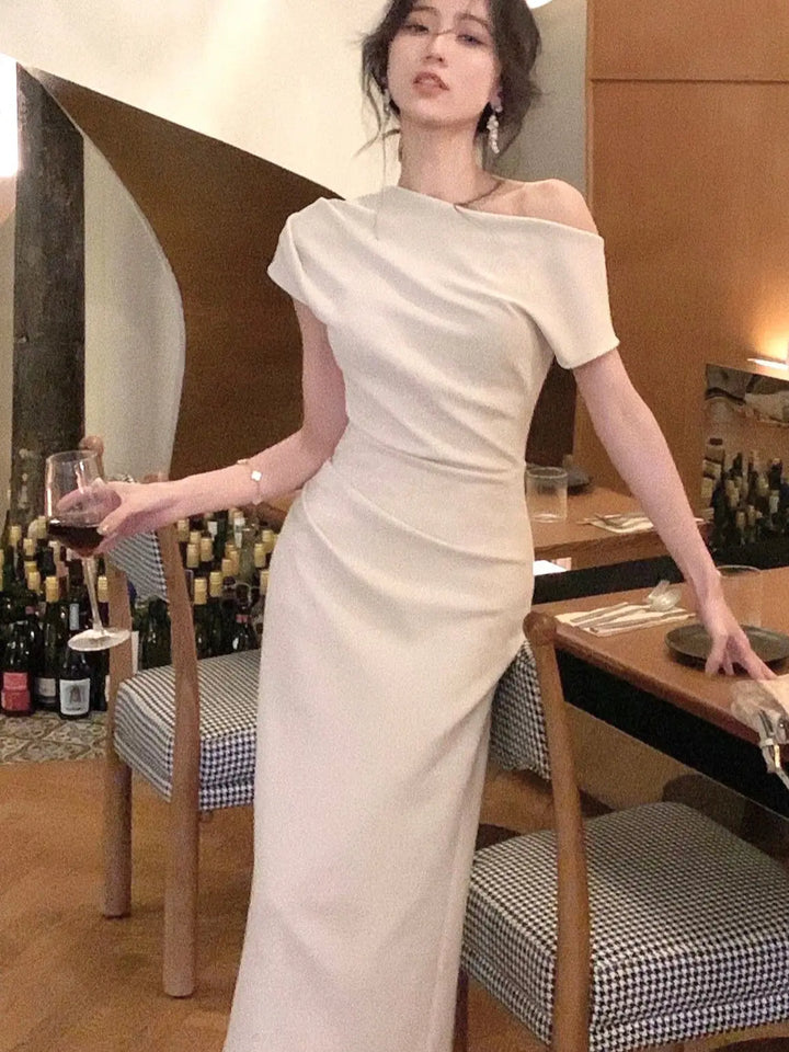 Elegant bodycon maxi dress with off-shoulder – Valentina-Beige-S-Nora Luxe
