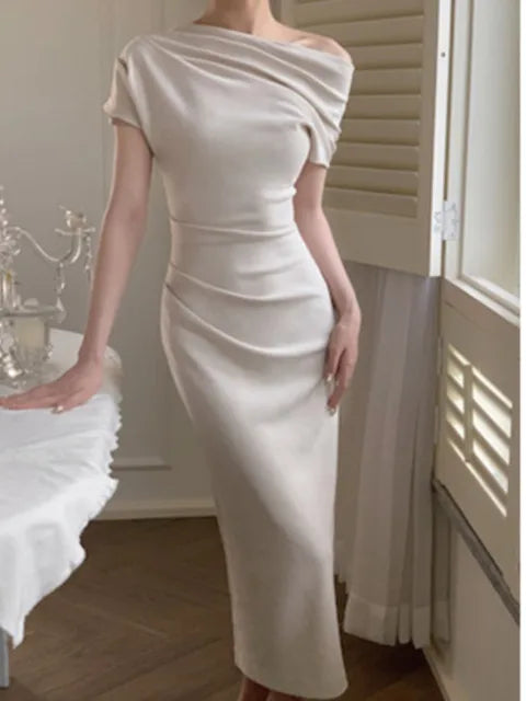 Elegant bodycon maxi dress with off-shoulder – Valentina-Beige-S-Nora Luxe