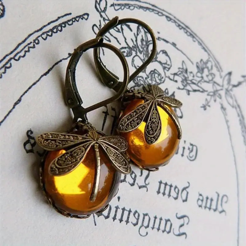 Elegant Dragonfly Moonstone Drop Earrings-YELLOW-Nora Luxe