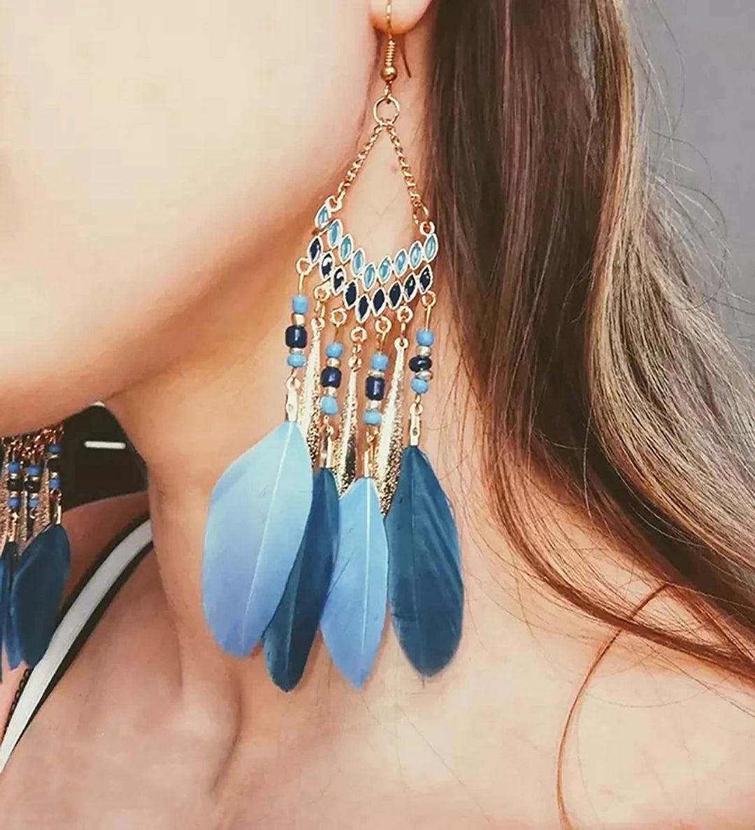 Elegant Feather Earrings | Long Dangle Jewellery for Women-Sky blue-Nora Luxe