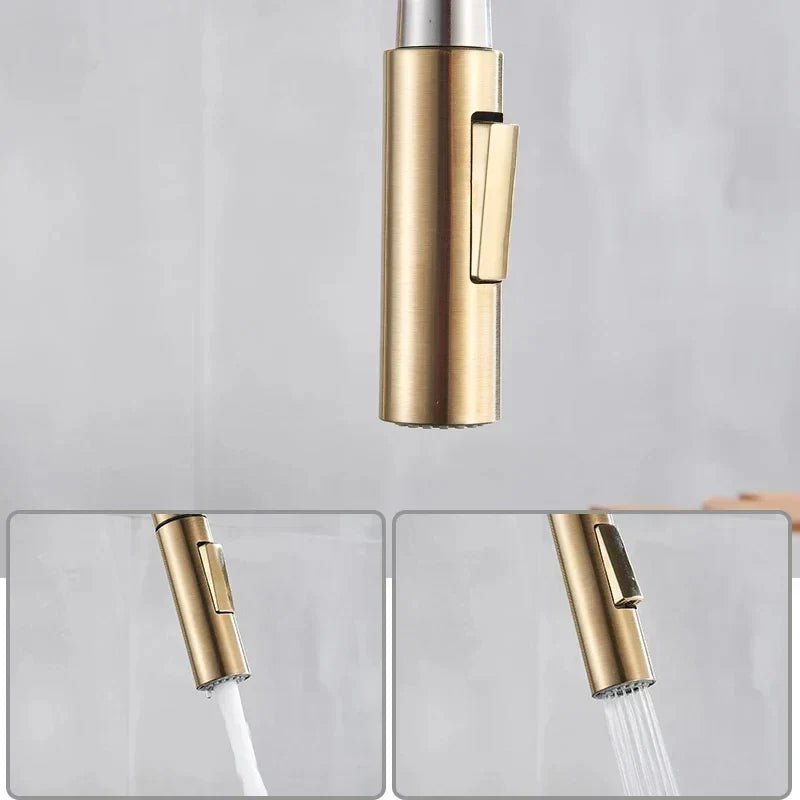Close-up of the brushed gold pull-out spray head with two small insets showing stream and spray water modes 2