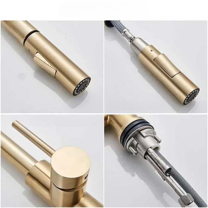 Four close-ups of the brushed gold faucet: spray nozzle, hose connector, lever handle and mounting hardware underneath 4