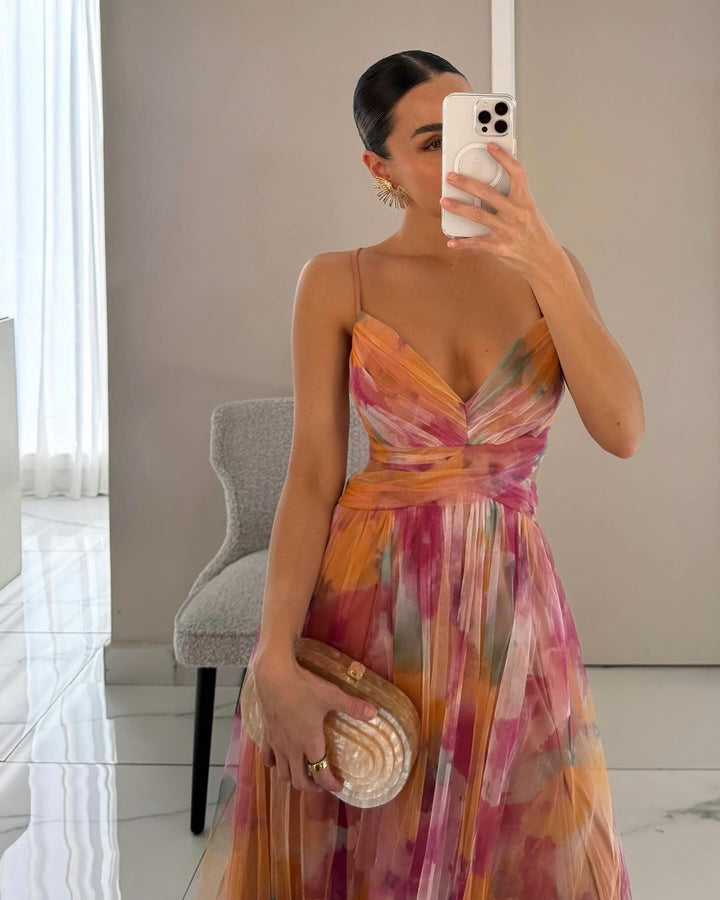 Elegant mesh maxi dress with a figure-hugging cut – Camille-Orange-S-Nora Luxe