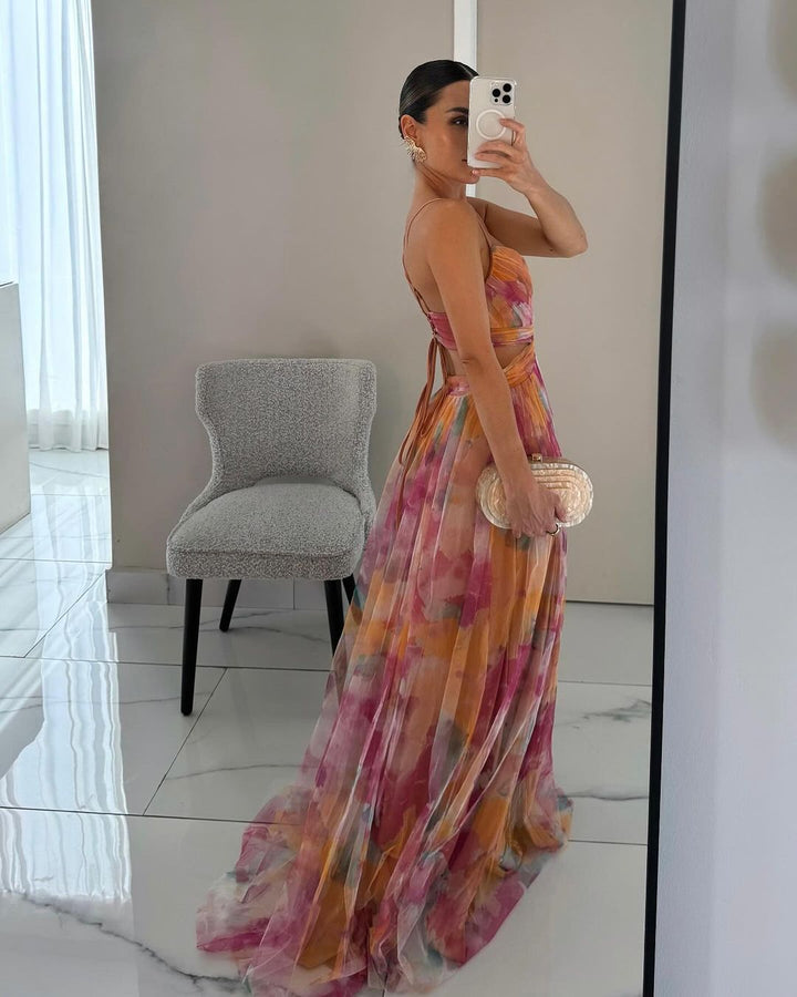 Elegant mesh maxi dress with a figure-hugging cut – Camille-Orange-S-Nora Luxe