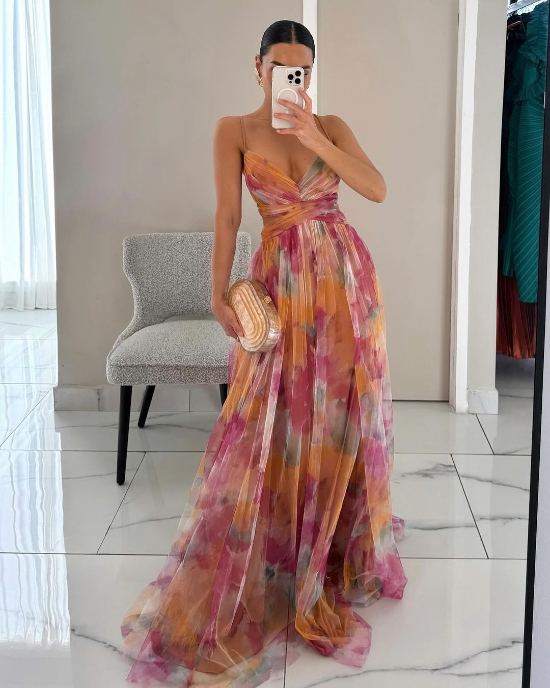 Elegant mesh maxi dress with a figure-hugging cut – Camille-Orange-S-Nora Luxe