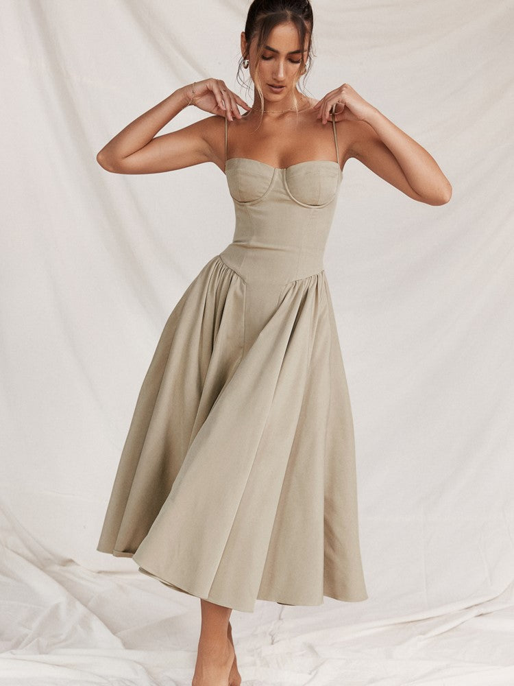 Elegant midi evening dress with pleated hem – Amara-Cream-S-Nora Luxe
