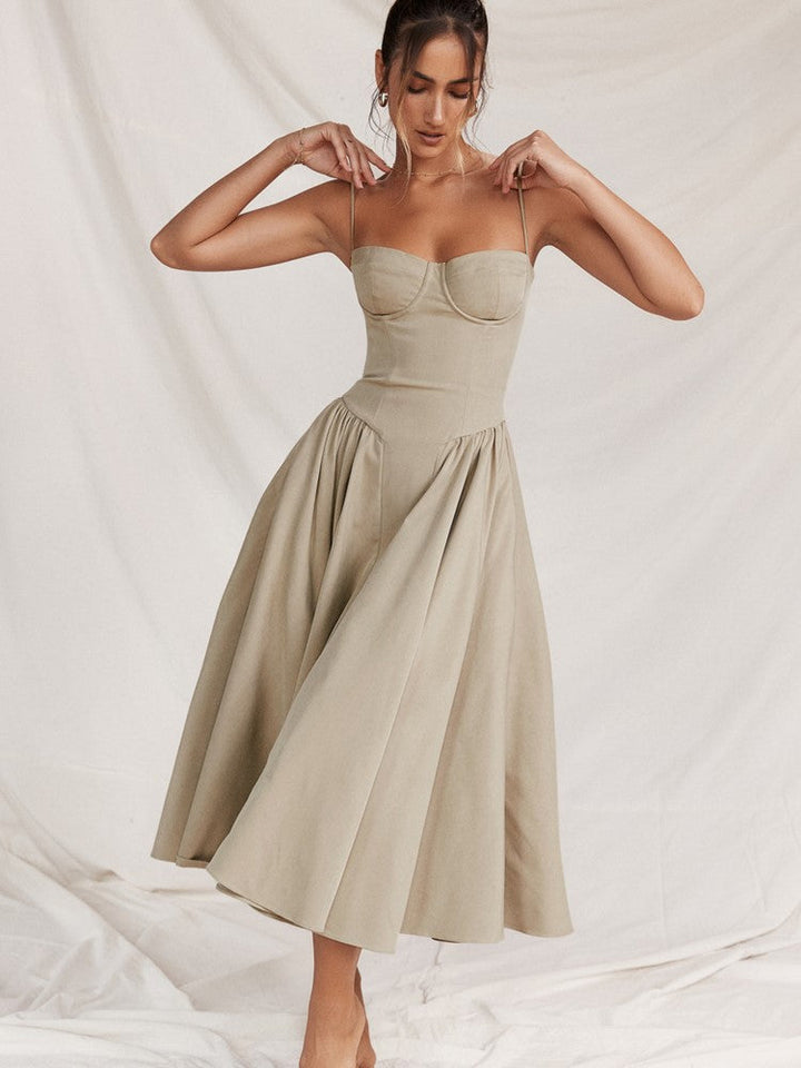 Elegant midi evening dress with pleated hem – Amara-Cream-S-Nora Luxe