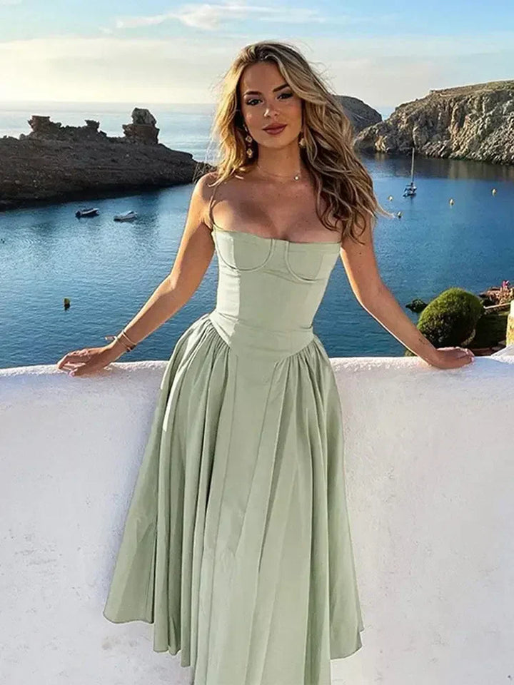 Elegant midi evening dress with pleated hem – Amara-Cream-S-Nora Luxe