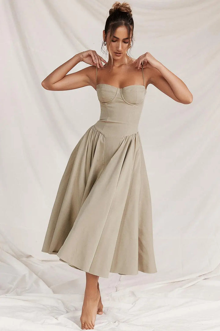 Elegant midi evening dress with pleated hem – Amara-Cream-S-Nora Luxe