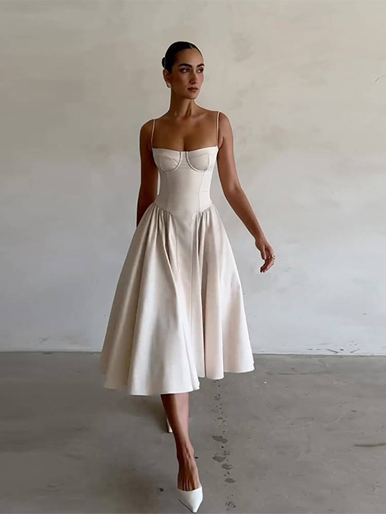 Elegant midi evening dress with pleated hem – Amara-Cream-S-Nora Luxe