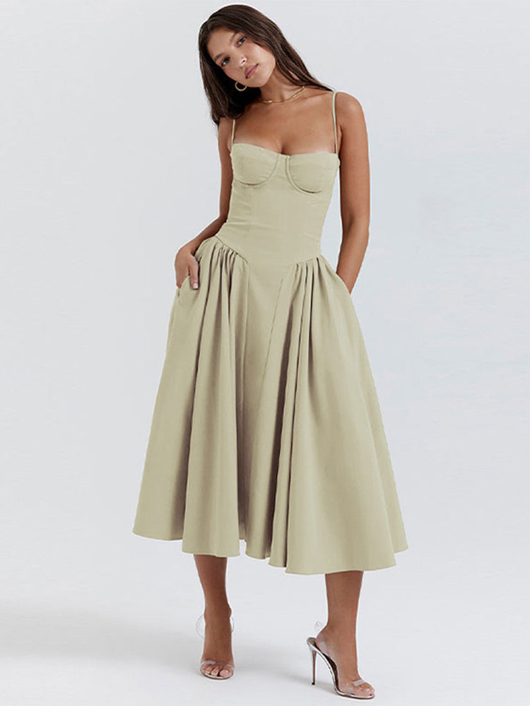 Elegant midi evening dress with pleated hem – Amara-Cream-S-Nora Luxe