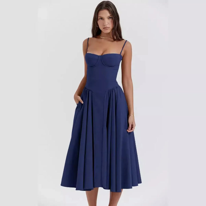 Elegant midi evening dress with pleated hem – Amara-Dark blue-S-Nora Luxe