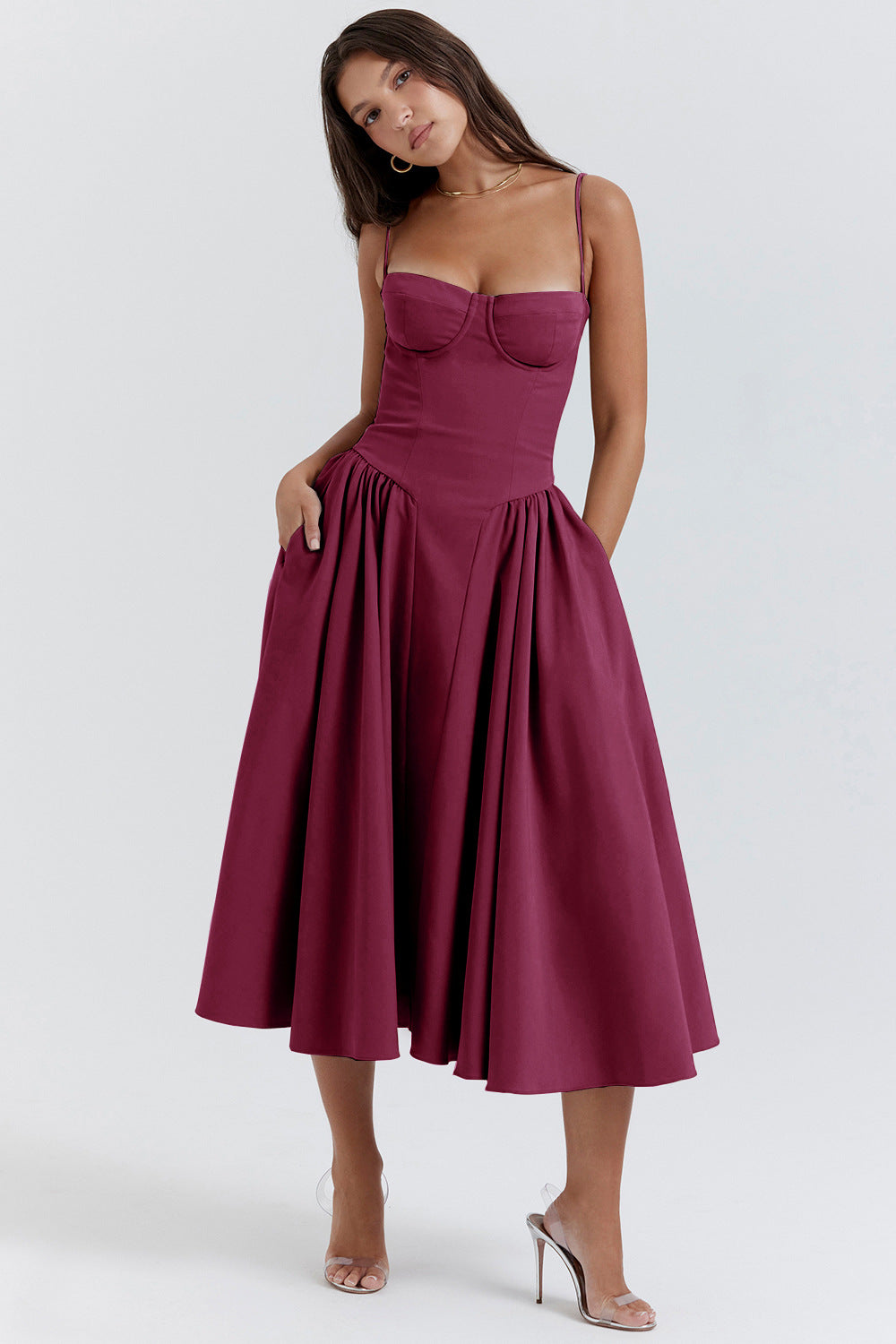 Elegant midi evening dress with pleated hem – Amara-Dark red-S-Nora Luxe