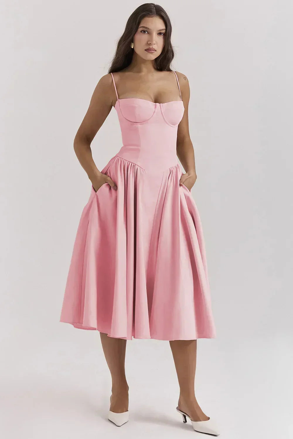 Elegant midi evening dress with pleated hem – Amara-Pink-S-Nora Luxe