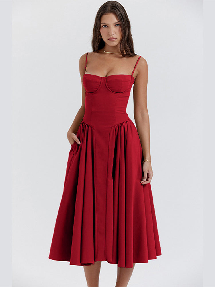 Elegant midi evening dress with pleated hem – Amara-Red-S-Nora Luxe