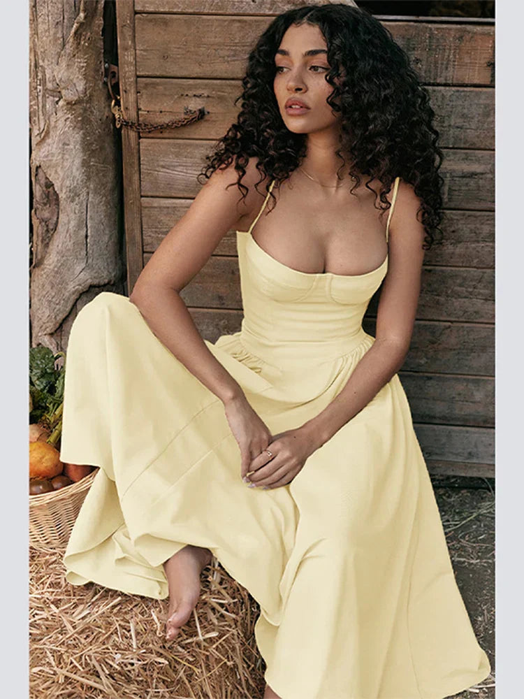 Elegant midi evening dress with pleated hem – Amara-Yellow-S-Nora Luxe