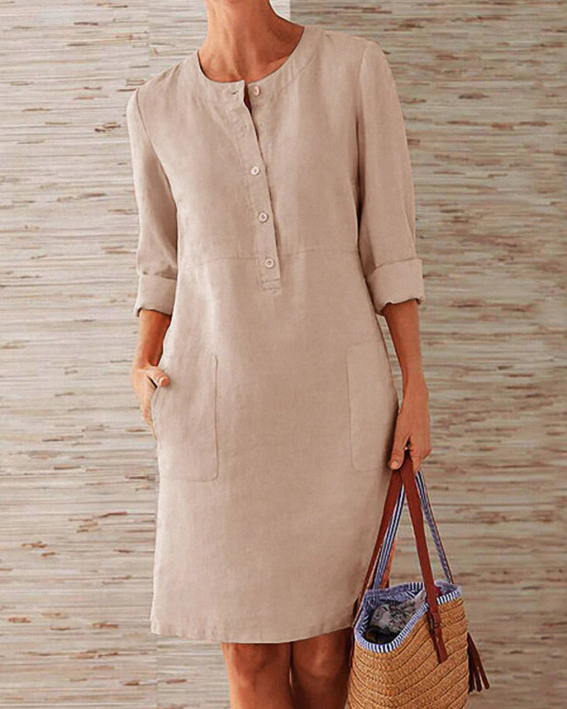 Elegant summer dress with button placket – Allegra-Khaki-S-Nora Luxe