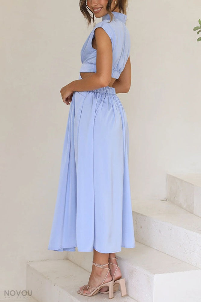 Elegant summer midi dress with roll neck and waist cut-out – Avelina-Black-S-Nora Luxe