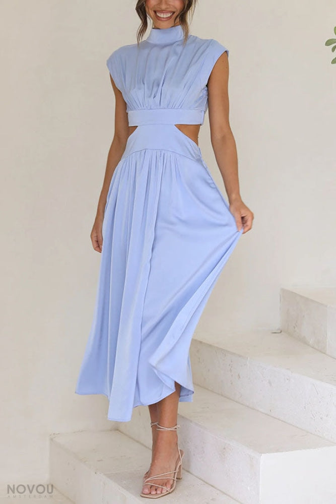 Elegant summer midi dress with roll neck and waist cut-out – Avelina-Black-S-Nora Luxe