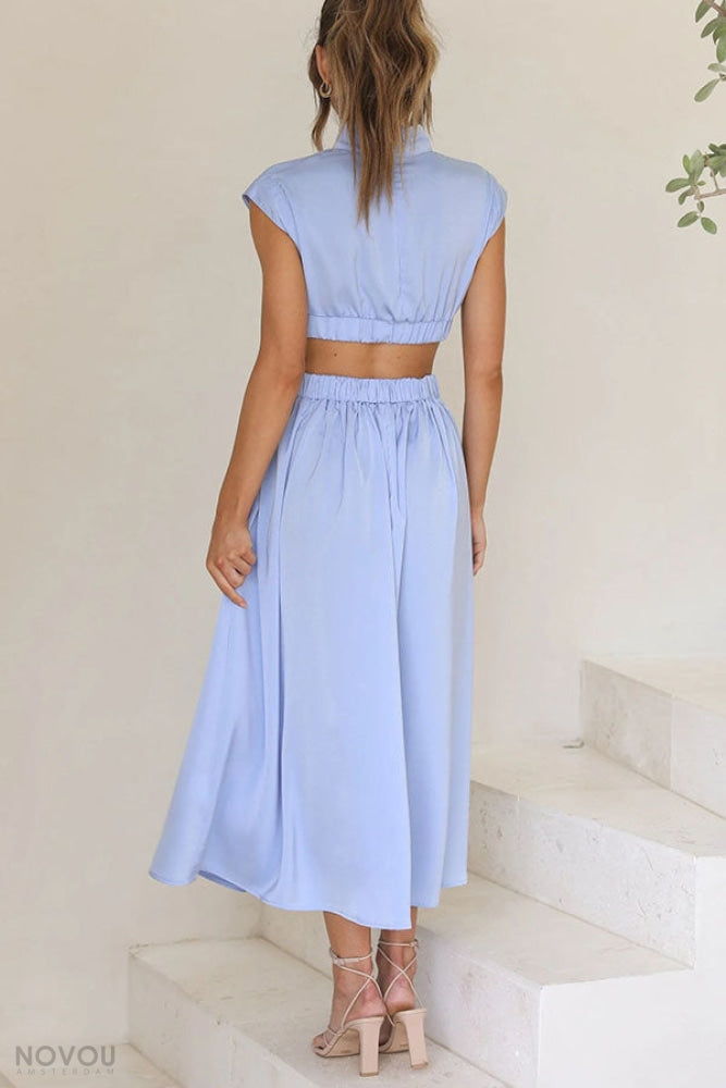 Elegant summer midi dress with roll neck and waist cut-out – Avelina-Black-S-Nora Luxe