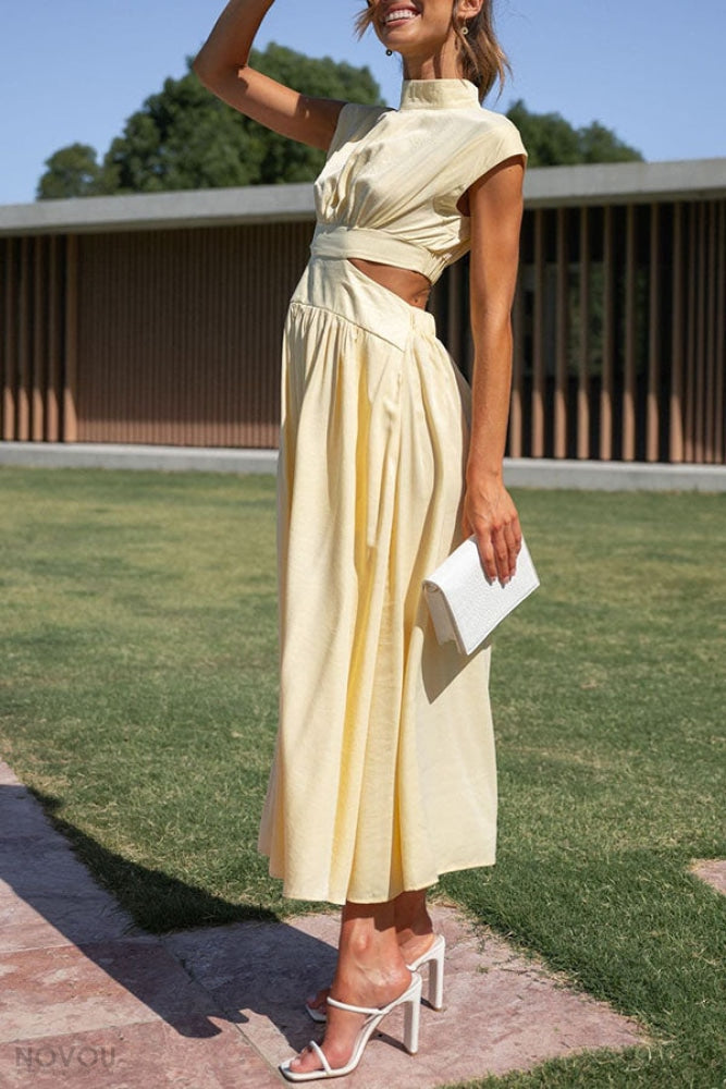 Elegant summer midi dress with roll neck and waist cut-out – Avelina-Black-S-Nora Luxe