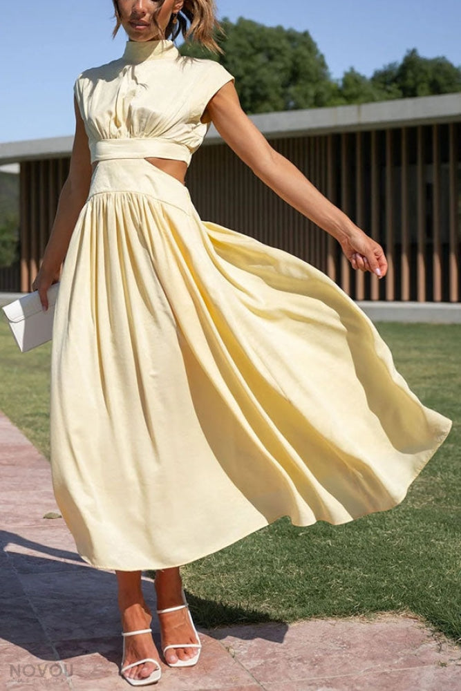 Elegant summer midi dress with roll neck and waist cut-out – Avelina-Black-S-Nora Luxe