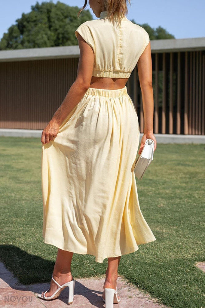 Elegant summer midi dress with roll neck and waist cut-out – Avelina-Black-S-Nora Luxe