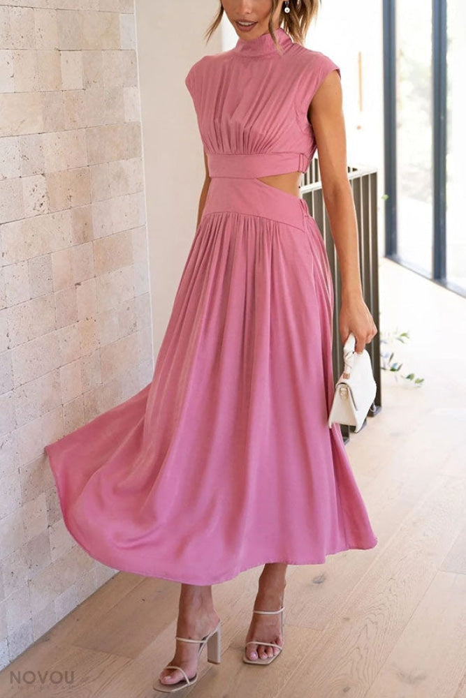 Elegant summer midi dress with roll neck and waist cut-out – Avelina-Black-S-Nora Luxe