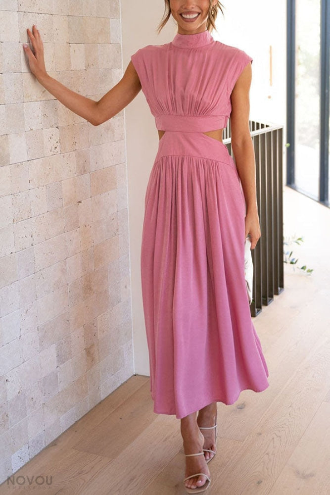Elegant summer midi dress with roll neck and waist cut-out – Avelina-Black-S-Nora Luxe