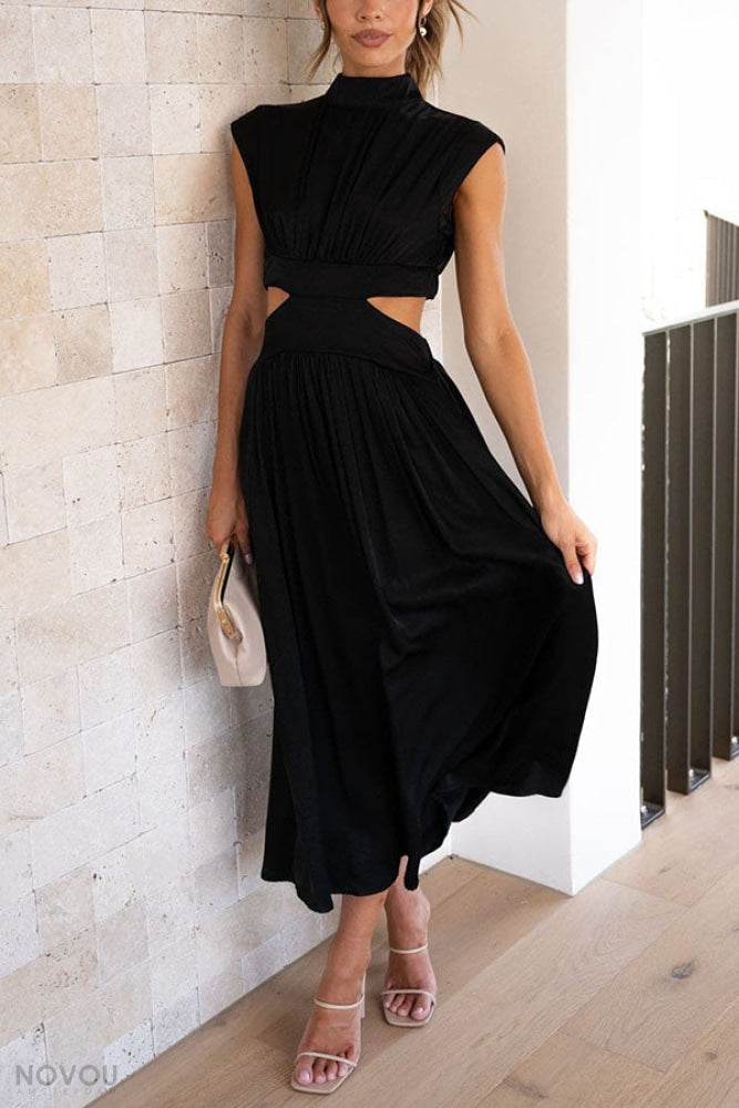 Elegant summer midi dress with roll neck and waist cut-out – Avelina-Black-S-Nora Luxe