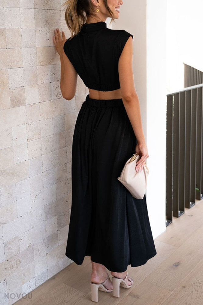 Elegant summer midi dress with roll neck and waist cut-out – Avelina-Black-S-Nora Luxe
