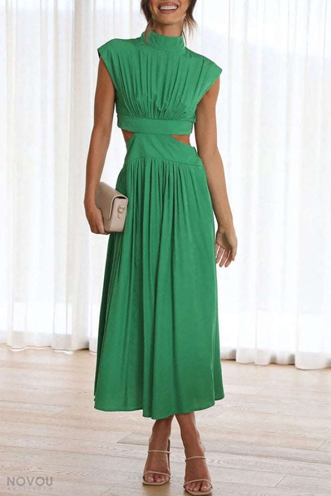 Elegant summer midi dress with roll neck and waist cut-out – Avelina-Black-S-Nora Luxe