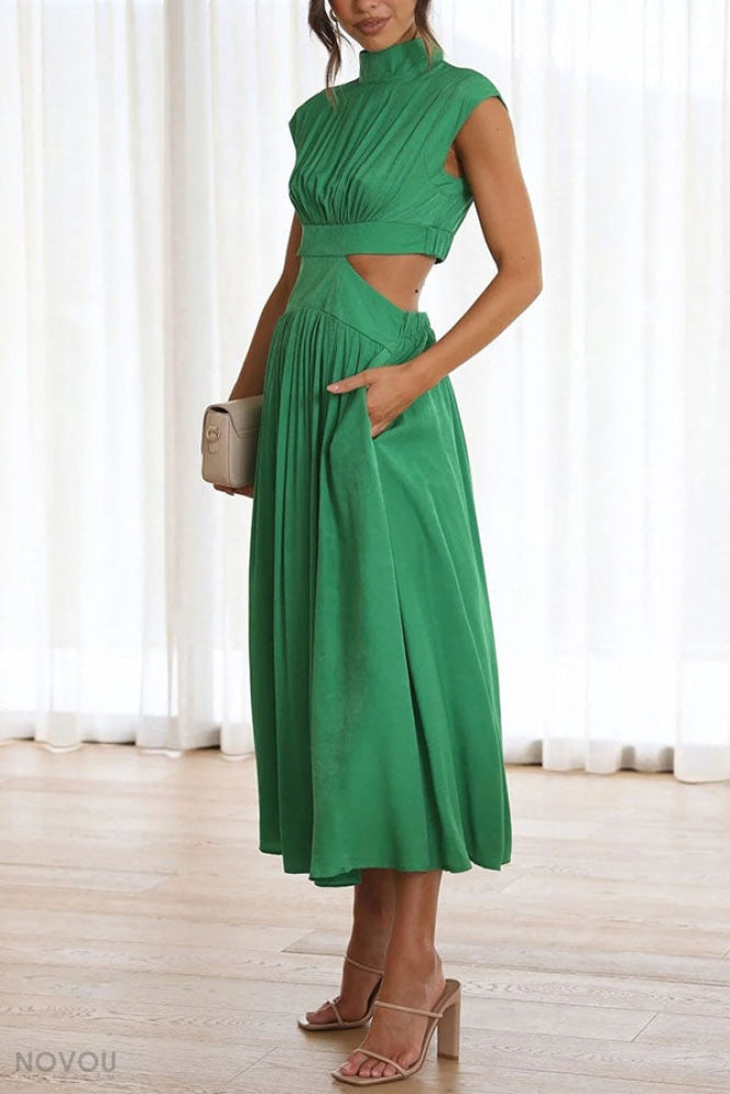 Elegant summer midi dress with roll neck and waist cut-out – Avelina-Black-S-Nora Luxe