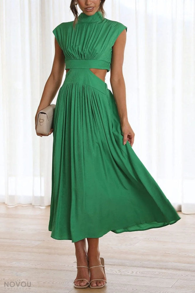 Elegant summer midi dress with roll neck and waist cut-out – Avelina-Black-S-Nora Luxe