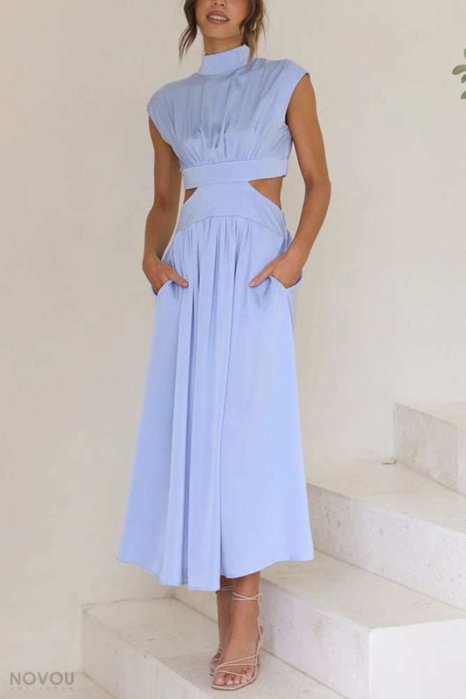 Elegant summer midi dress with roll neck and waist cut-out – Avelina-Blue-S-Nora Luxe