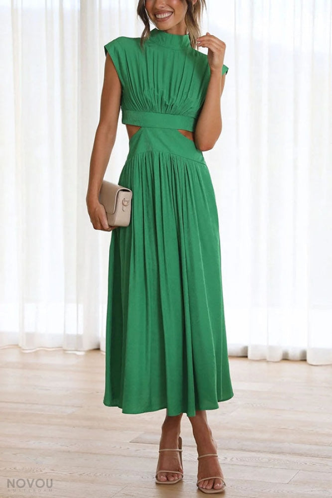 Elegant summer midi dress with roll neck and waist cut-out – Avelina-Green-S-Nora Luxe